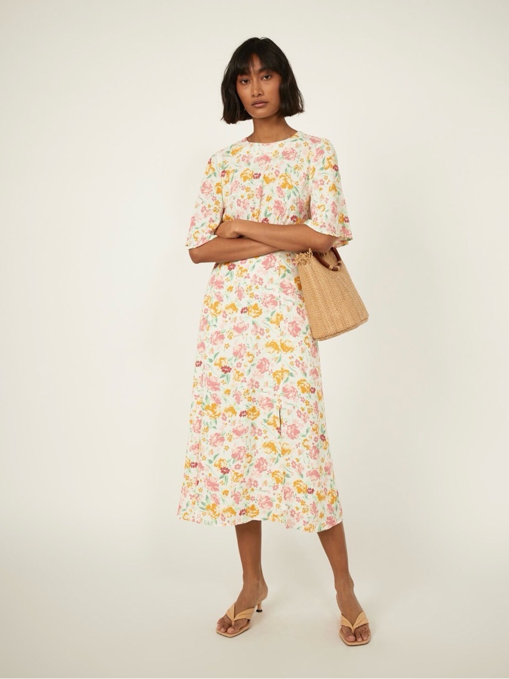 Floral Midi Dress in Cream with Pink & Yellow Flowers